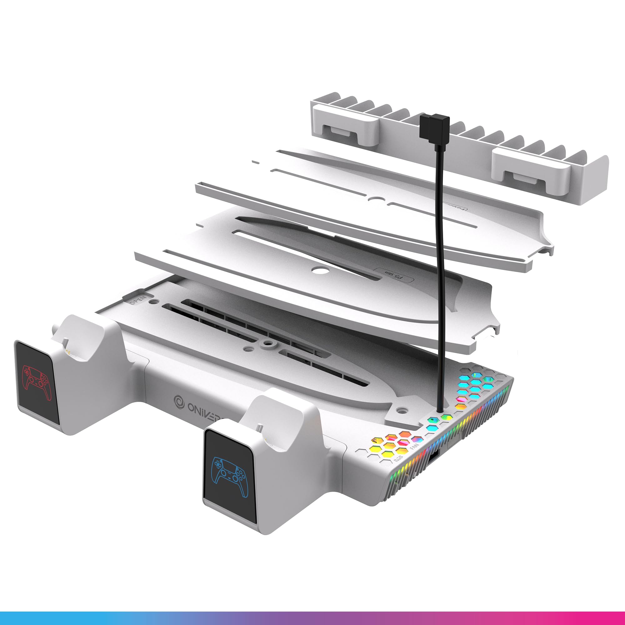 Support PS5/PS5 Slim - Station de refroidissement ventilateur à 3 vitesses, Double chargeur manette PS5 compatible DualSense, Support recharge casque et rangement accessoire 14 Jeux - Nexus 5