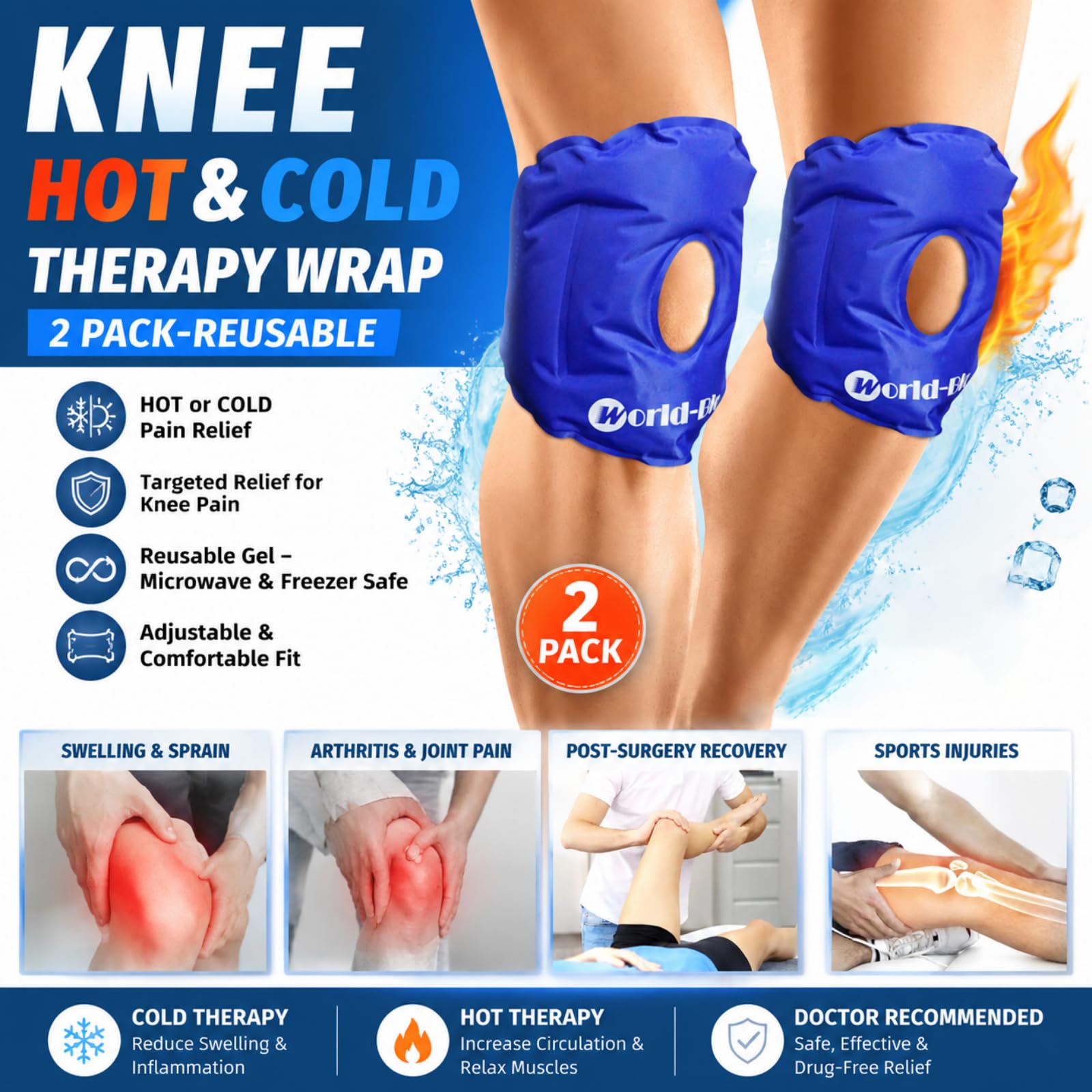 Knie-Eispack-Gel wiederverwendbar für Wärme- und Kältetherapie, Knie-Eis-Kompressionsbandage zur Schmerzlinderung, Schwellungen, Sportverletzungen, Prellungen, Kompresse, 24,9 x 16,5 cm, Hellblau