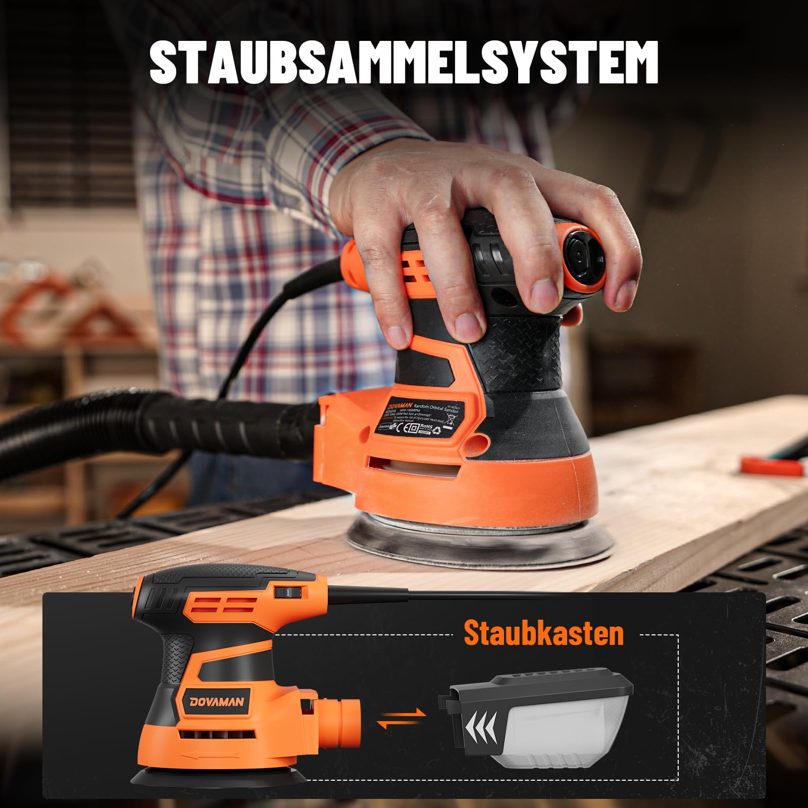 DOVAMAN ROS01A Exzenterschleifer 350W, 6-stufige Drehzahlregelung bis 13.000 U/min, 125mm Schleifmaschine, mit Staubabsaugung & 12 Schleifpapieren, für Holz- und Metalloberflächen