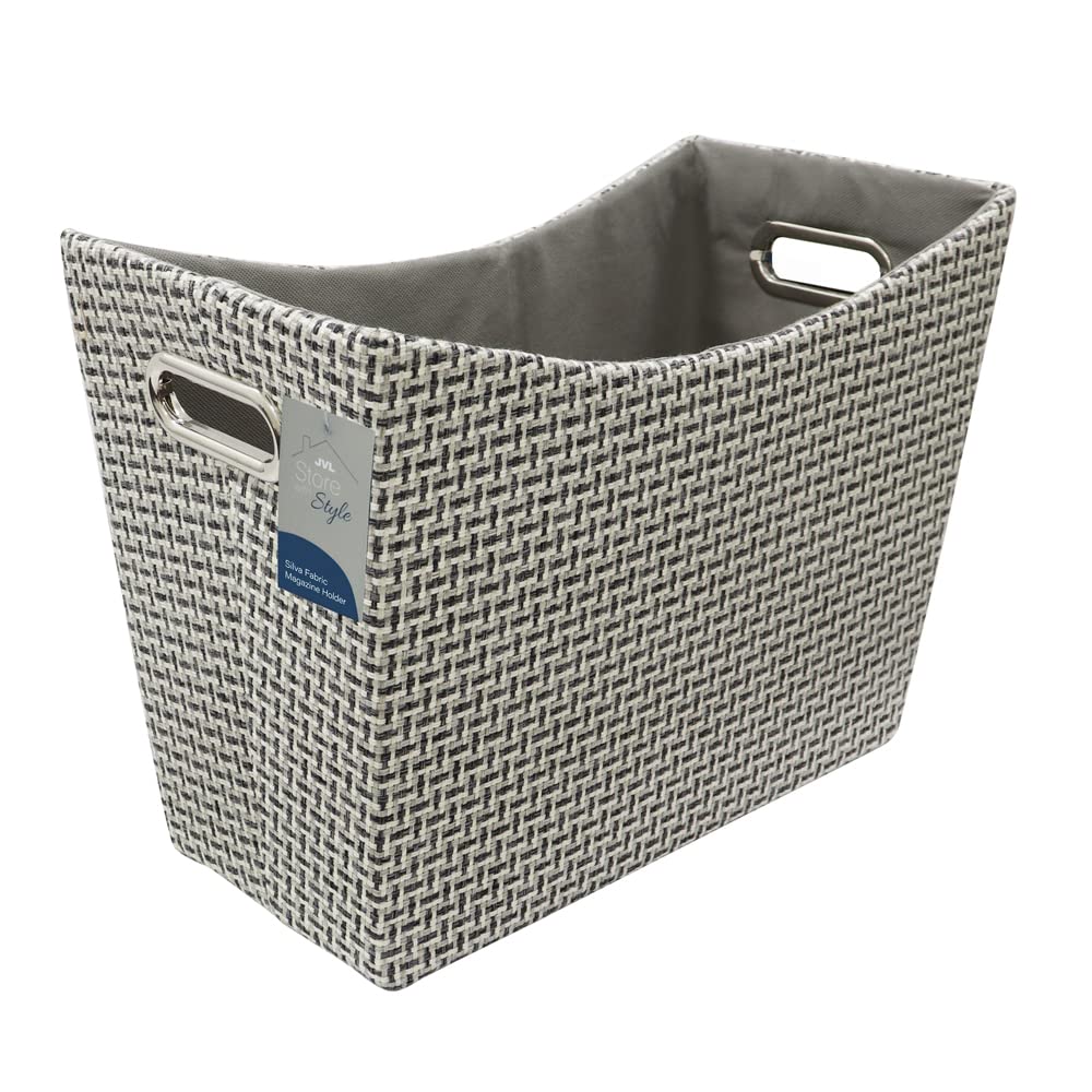 JVL Silva Fabric Magazine Holder - Grey - Woven Basket Weave - Dog Tooth Effect - Tapered Design