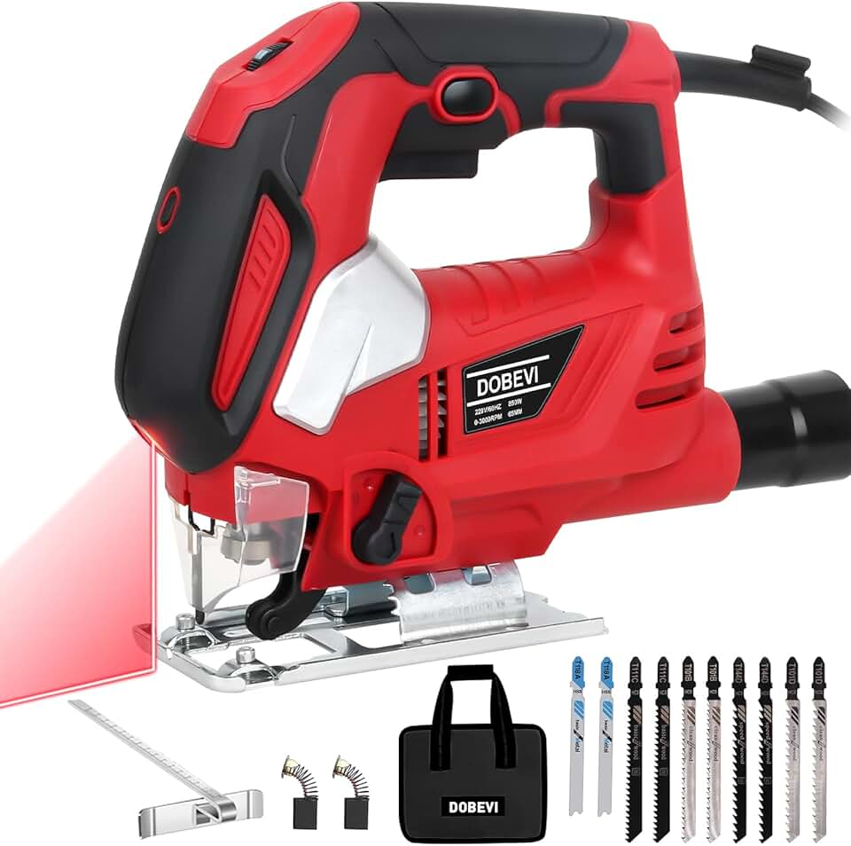 Serra Tico Tico 850w Variável Profissional Com Laser, 6 Velocidades variáveis 3000 rpm Ângulo de inclinação 45° com 10 Lâminas Madeira Metal Corte de madeira, metal e plástico (220v)