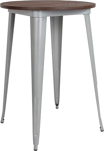 Flash Furniture Mesa redonda de metal para interiores de 30 pulgadas con parte superior de madera rústica, color plateado