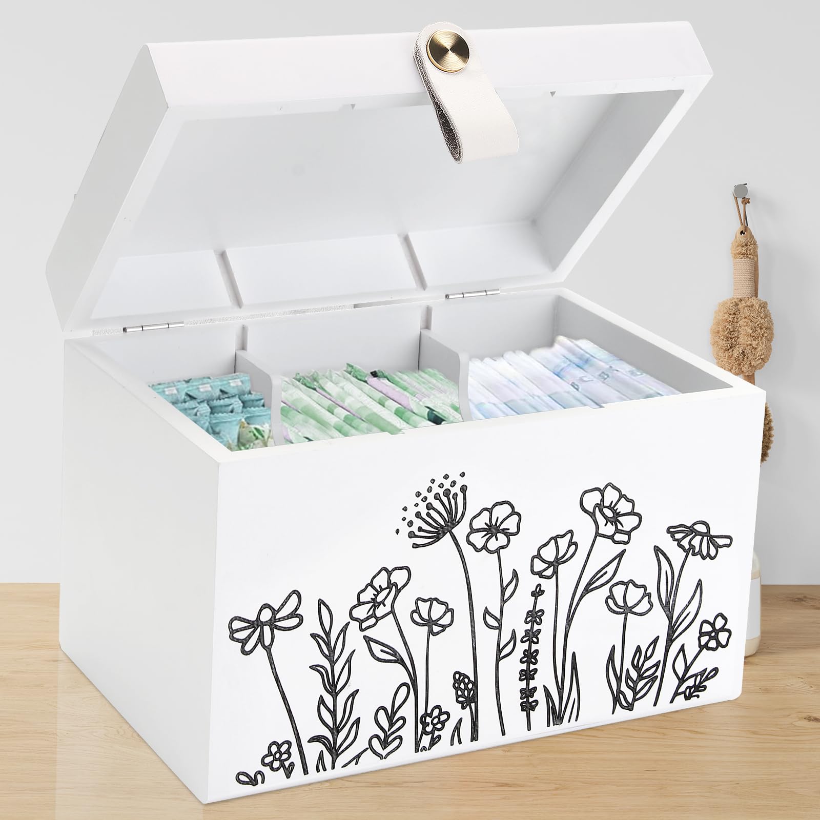 Photo 1 of 100% Solid Wood Tampon Holder Box with Lid, Copper Leather Pull, Absolute Real Wood Bathroom Decorative Box for Feminine Product Storage and Accessories such as Tampons, Cotton Balls, Gifts for Women