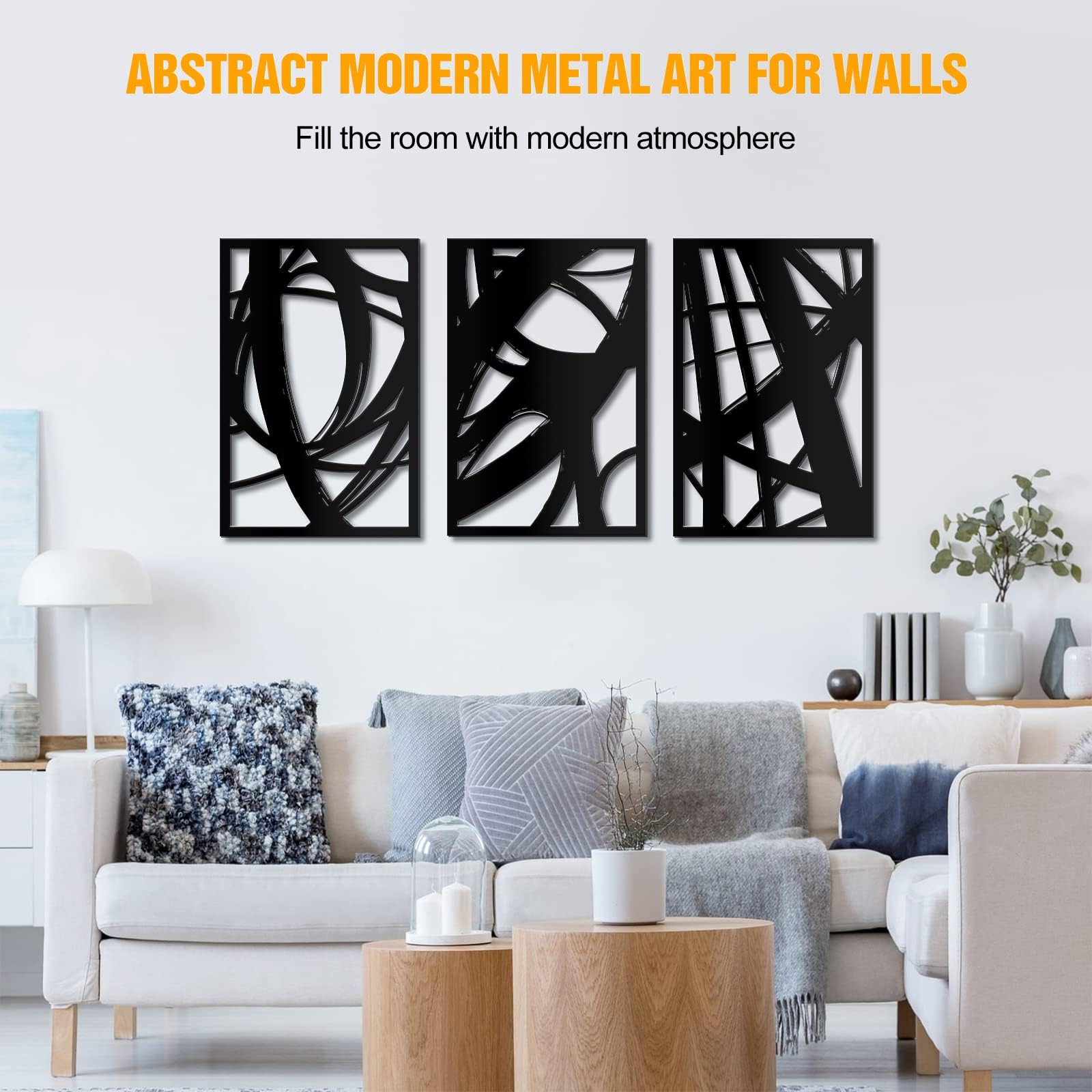 WINUSD 3Pcs 23 * 15in Abstract Black Metal Wall Art, 3D Textured Metal