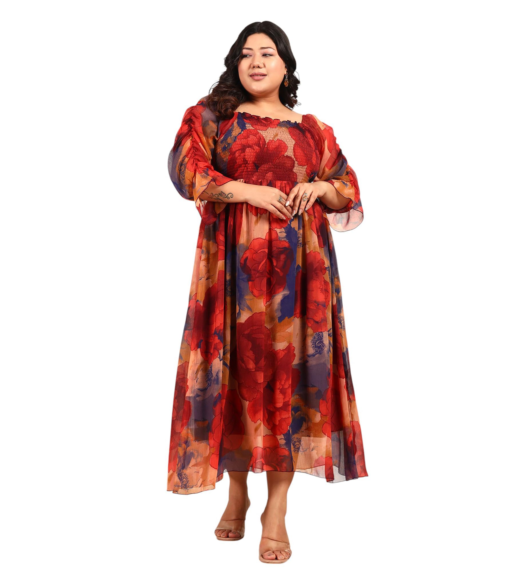 Women's Plus Size Floral Chiffon A-Line Maxi Dress|Sleeveless|Square Neck|Casual Trending Stylish Long One Piece Dresses Women Western-image-35
