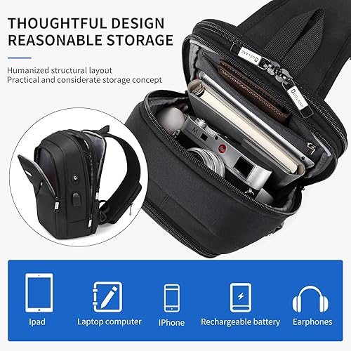 Miniatura 23 de DUSLANG Mochila de hombro para senderismo, bolsa cruzada para hombres, bolsas de pecho con puerto de cargador USB para campamento casual, ciclismo