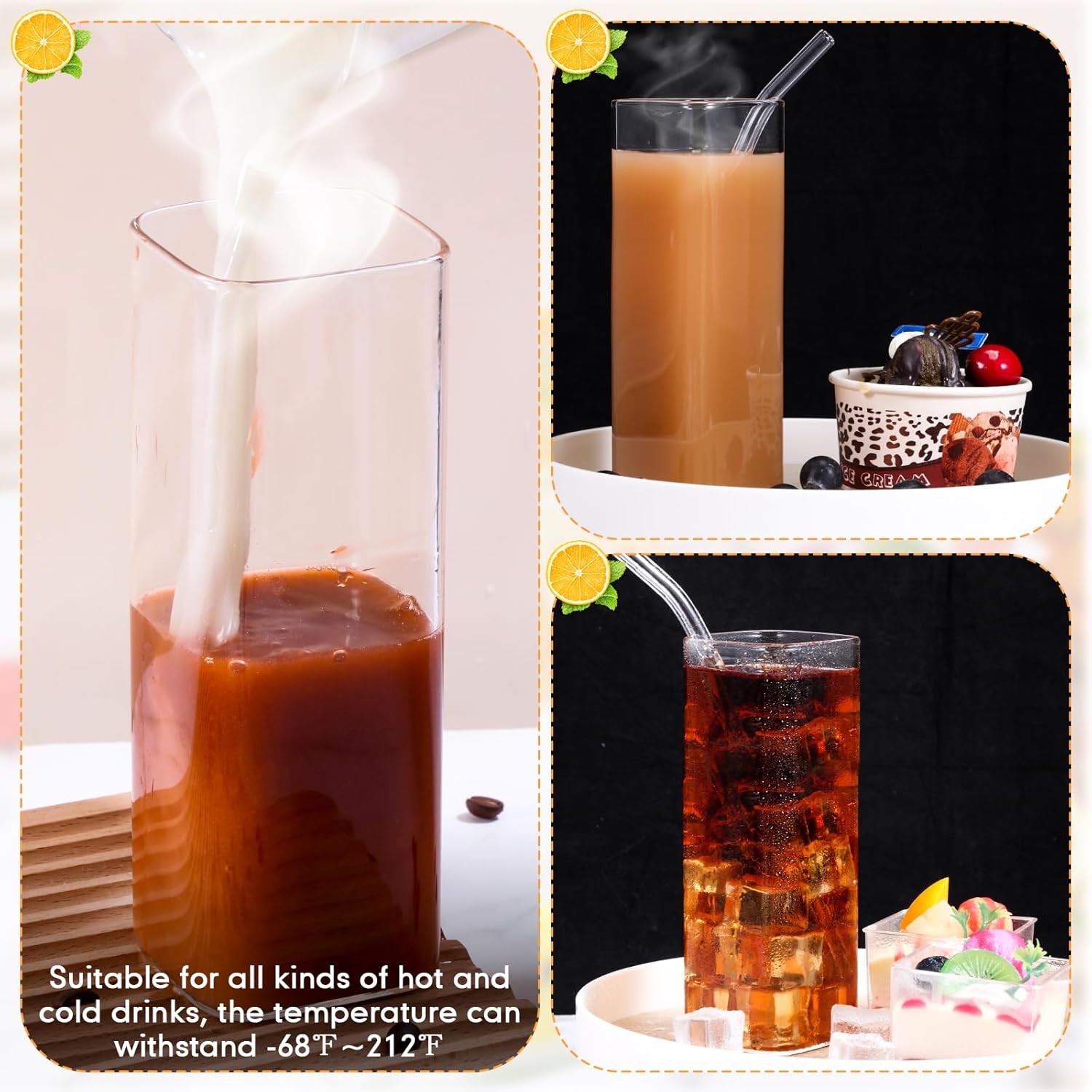 Inbagi 6 Pcs Square Drinking Glasses with Glass Straws 15.6 oz Highball Cups Clear Kitchen Glassware Elegant Bar Bottles for Water, Wine, Juice, Cocktail, Coffee and Mixed Drinks