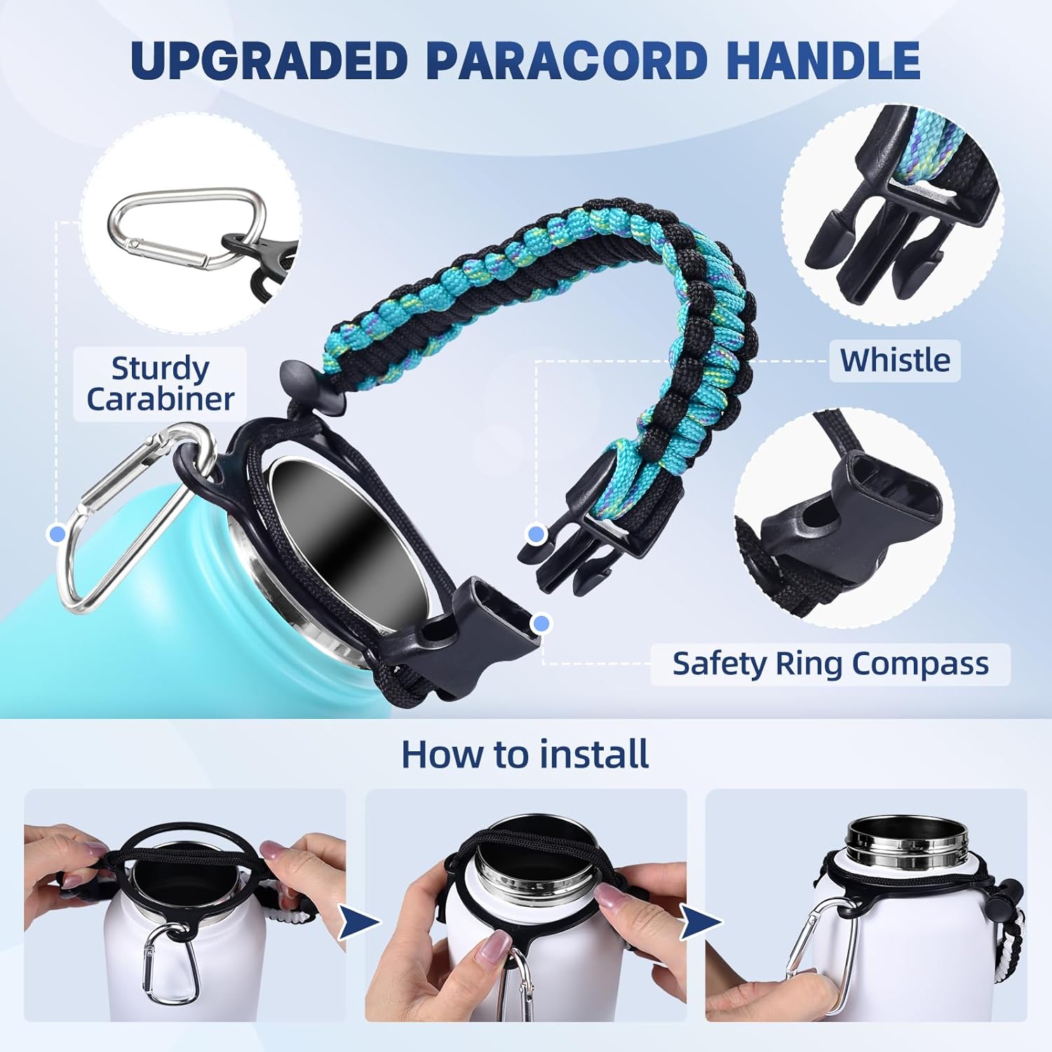 Insulated Water Bottle, 32 oz Stainless Steel Wide Mouth Water Bottles with 2 Leak Proof Lid and Paracord Handle, Double Wall Vacuum Insulated Sports Water Bottle, Teal Pink - Image 5