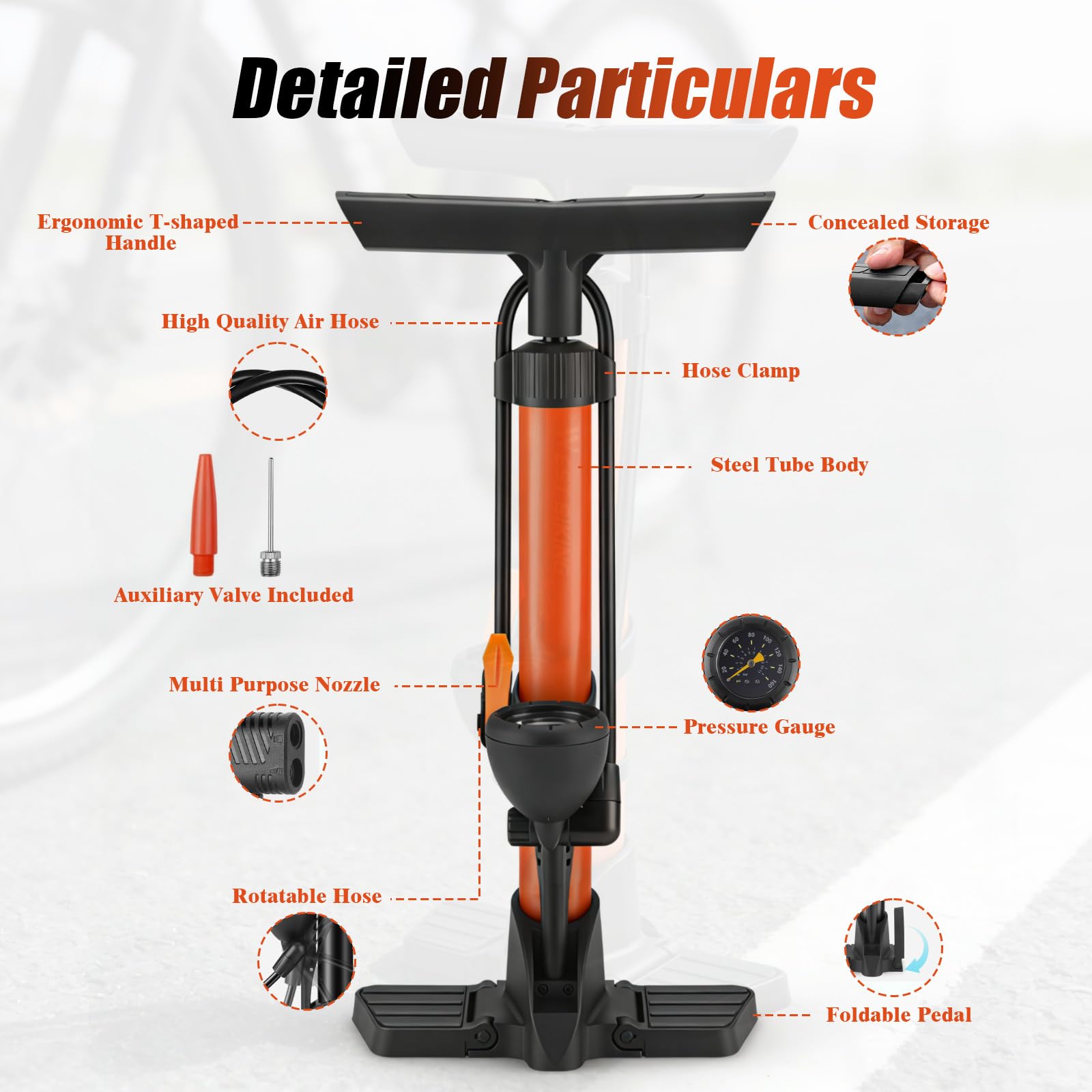 Pompa per Bicicletta, Pompa da Pavimento per Bici con Manometro, Pompa ad Aria per Bicicletta, per Valvole Presta e Schrader, Alta Pressione 160 PSI, per Bicicletta, Moto, Arancione - 3