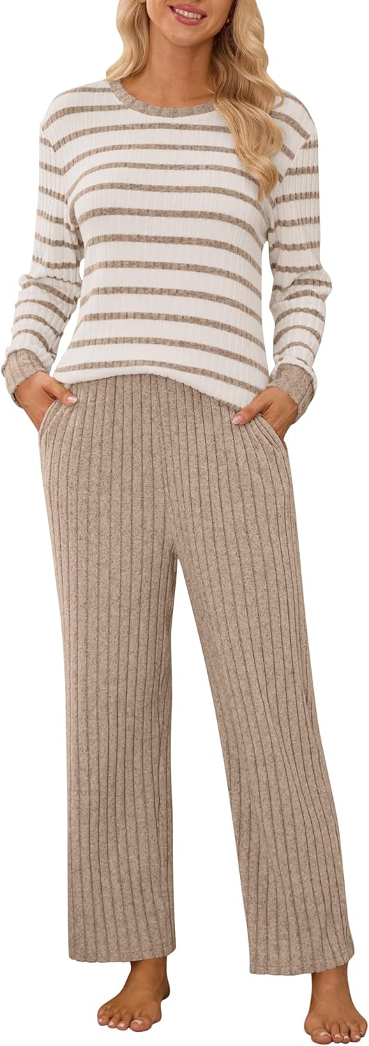 Blooming Jelly Womens Pajamas 2 Piece Satin Matching Lounge Sets Cute Long Sleeve Striped Pants Pjs with Pocket