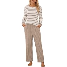 Womens Pajamas 2 Piece Satin Matching Lounge Sets Cute Long Sleeve Striped Pants Pjs with Pocket