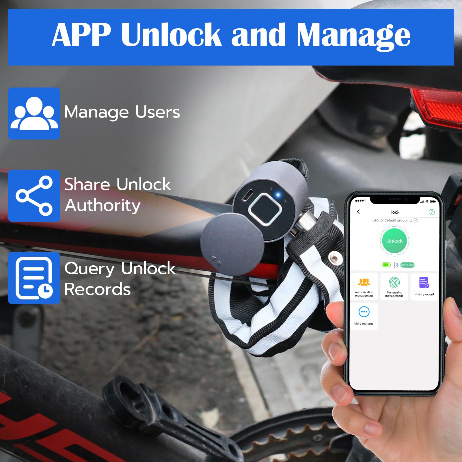 Eseesmart Lucchetto a catena per bicicletta, resistente e antifurto, con app, impermeabile, per bici, scooter, moto, porte, cancelli, recinzioni