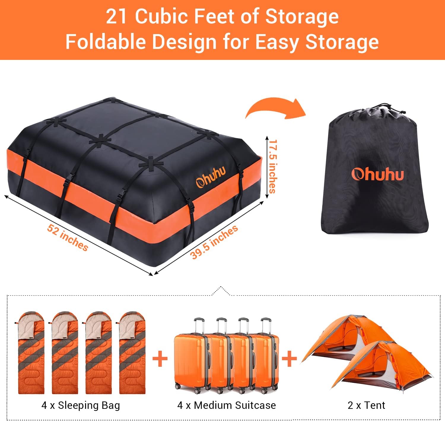 Car Roof Bag Cargo Carrier: Ohuhu 21 Cubic Feet Rooftop Cargo Carrier with Anti-Slip Mat - 840D Waterproof Soft Roof Top Luggage Bag for All Cars with or Without Racks image 2
