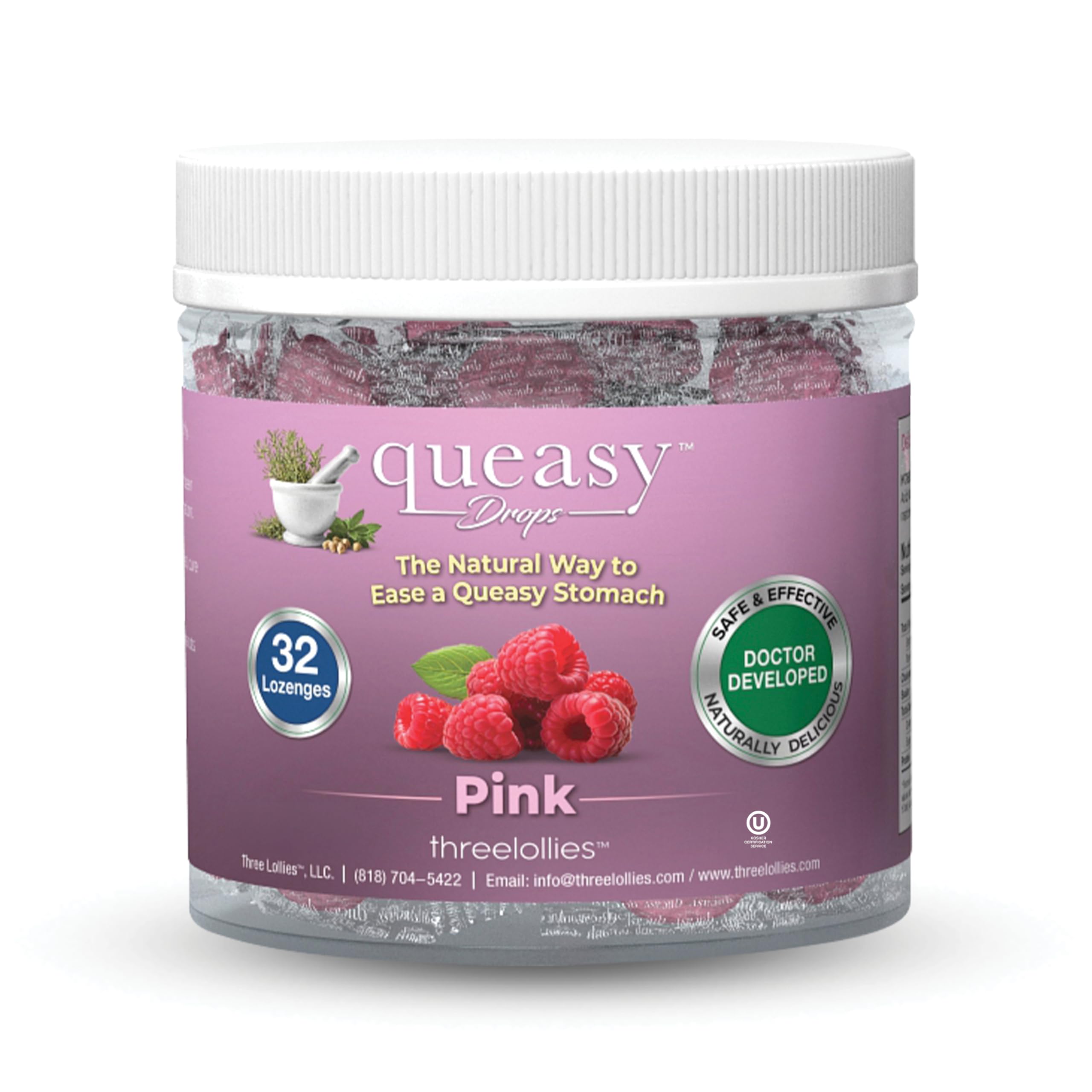 Three Lollies Queasy Drops - Pink Sour Raspberry Flavor - Travel Sickness &amp; Nausea Relief, Soothes Stomach &amp; Dry Mouth, Natural Ingredients - 32 ct