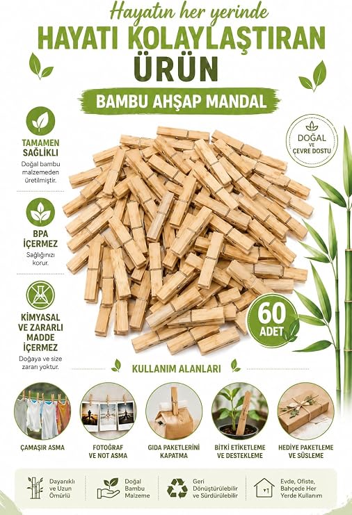 60 Adet Bambu Ahşap Mandal Doğal Çamaşır Mandalı BPA İçermez Çok Amaçlı Dekoratif Hobi ve Paketleme Kullanımı