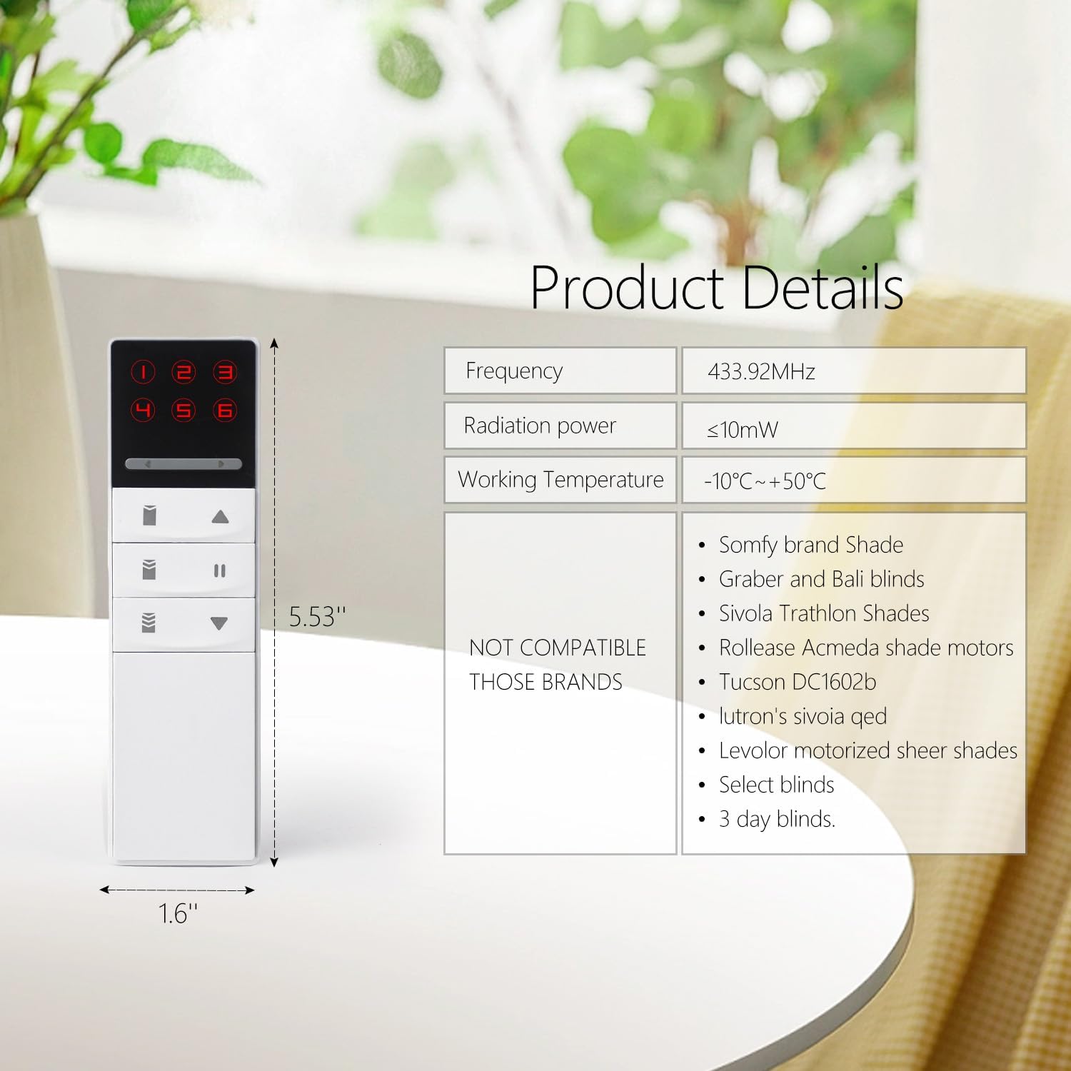 Product details showing dimensions and compatibility information for the remote control.