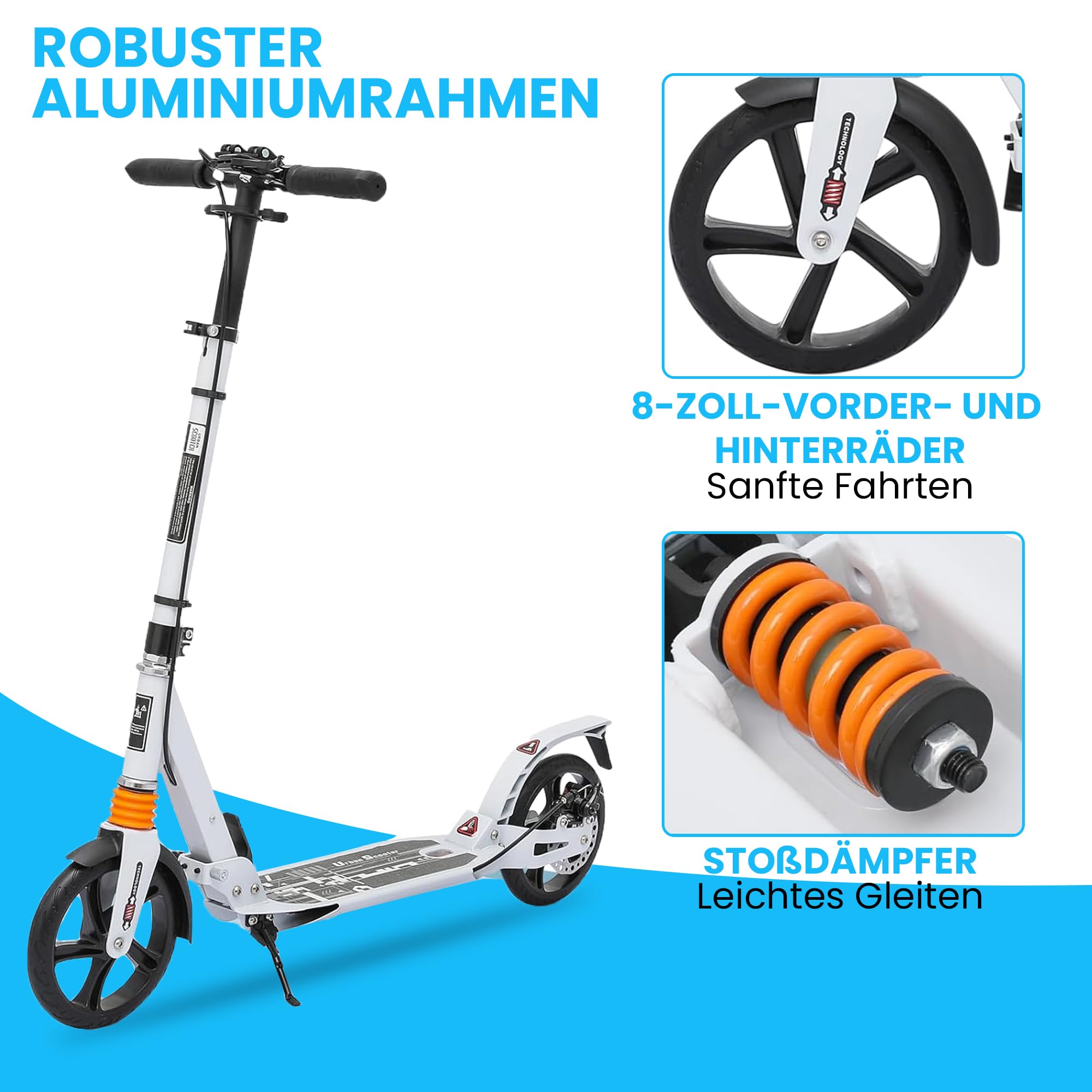 Habib Gruppe Patinete urbano para adultos, de aluminio no eléctrico, plegable, ruedas grandes de 200 mm, con doble suspensión, freno de mano regulable en altura, 100 kg de carga a partir de 14 años