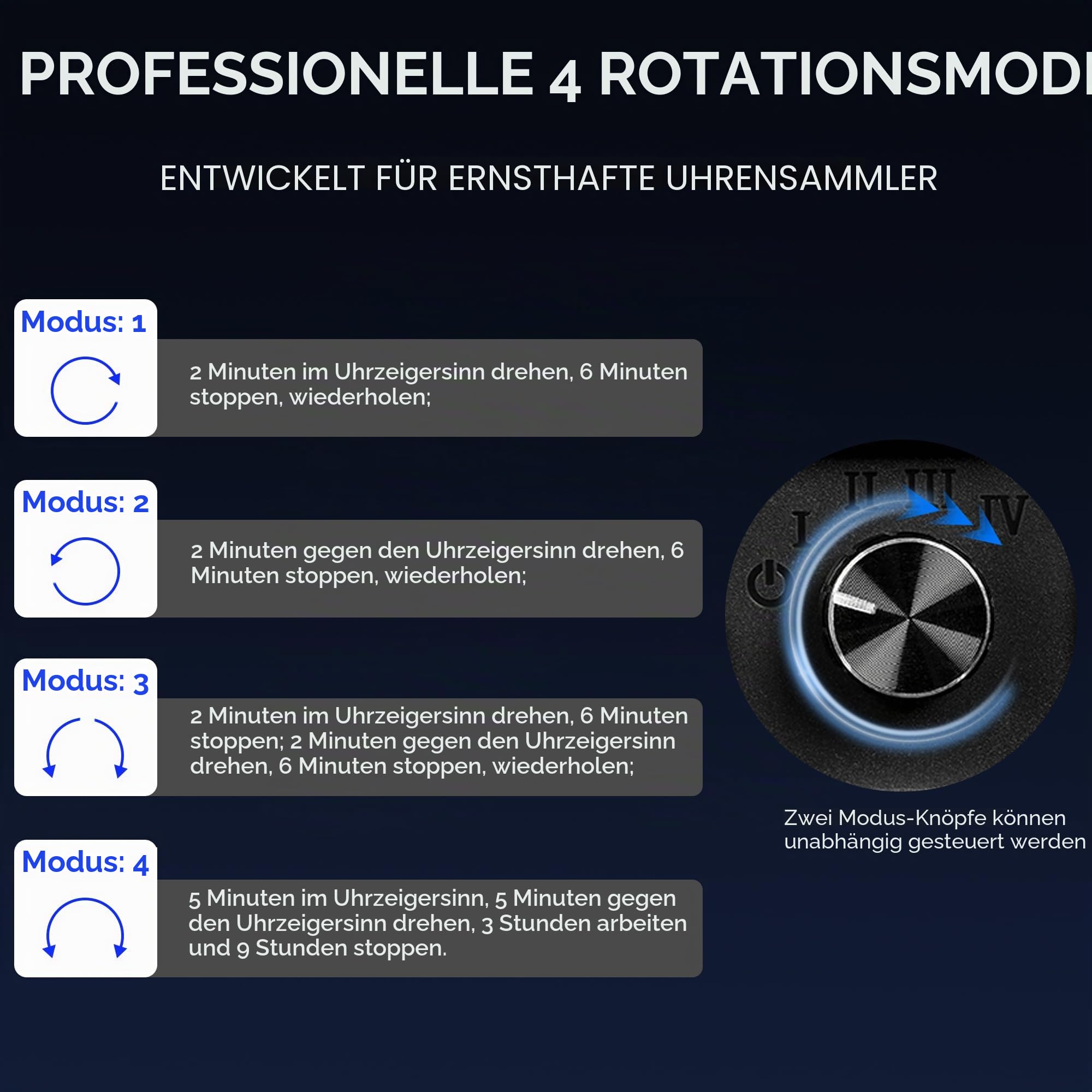 BEWISHOME Uhrenbeweger 2 Uhren, Automatik Uhrenbeweger mit LED-Beleuchtung | und 4 Modi, Watch Winder Uhrendreher mit Japanischem Leisem Motor, Typ-C-Adapter oder batteriebetrieben, ESYQ02Z