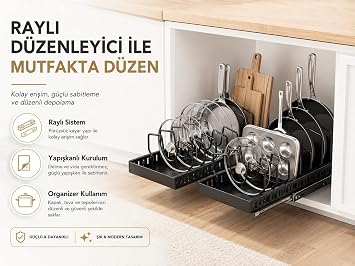 Alper Banyo Sürgülü Organizer Siyah – Yapışkanlı Dolap İçi Raylı Düzenleyici, Tencere Kapağı, Tava, Kesme Tahtası ve Mutfak Gereçleri için Çekmece Tipi Organizer, 21 x 42 cm