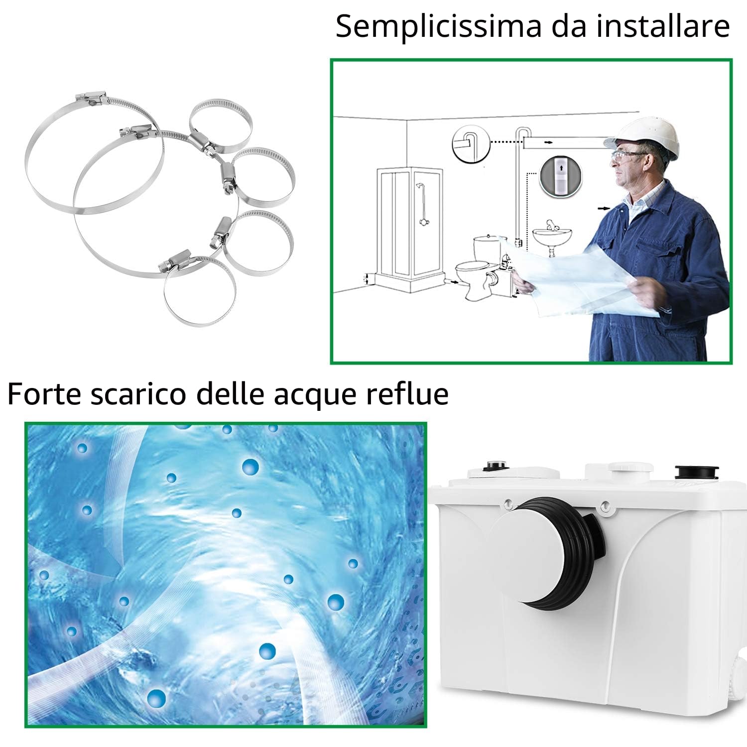 Sonnewelt Sistemi di sollevamento da 700 W, 190 l/min, pompa per acqua sporca, pompa per feci con 4 ingressi, pompa domestica per doccia, vasche da bagno, lavabo, lavatrice lavastoviglie