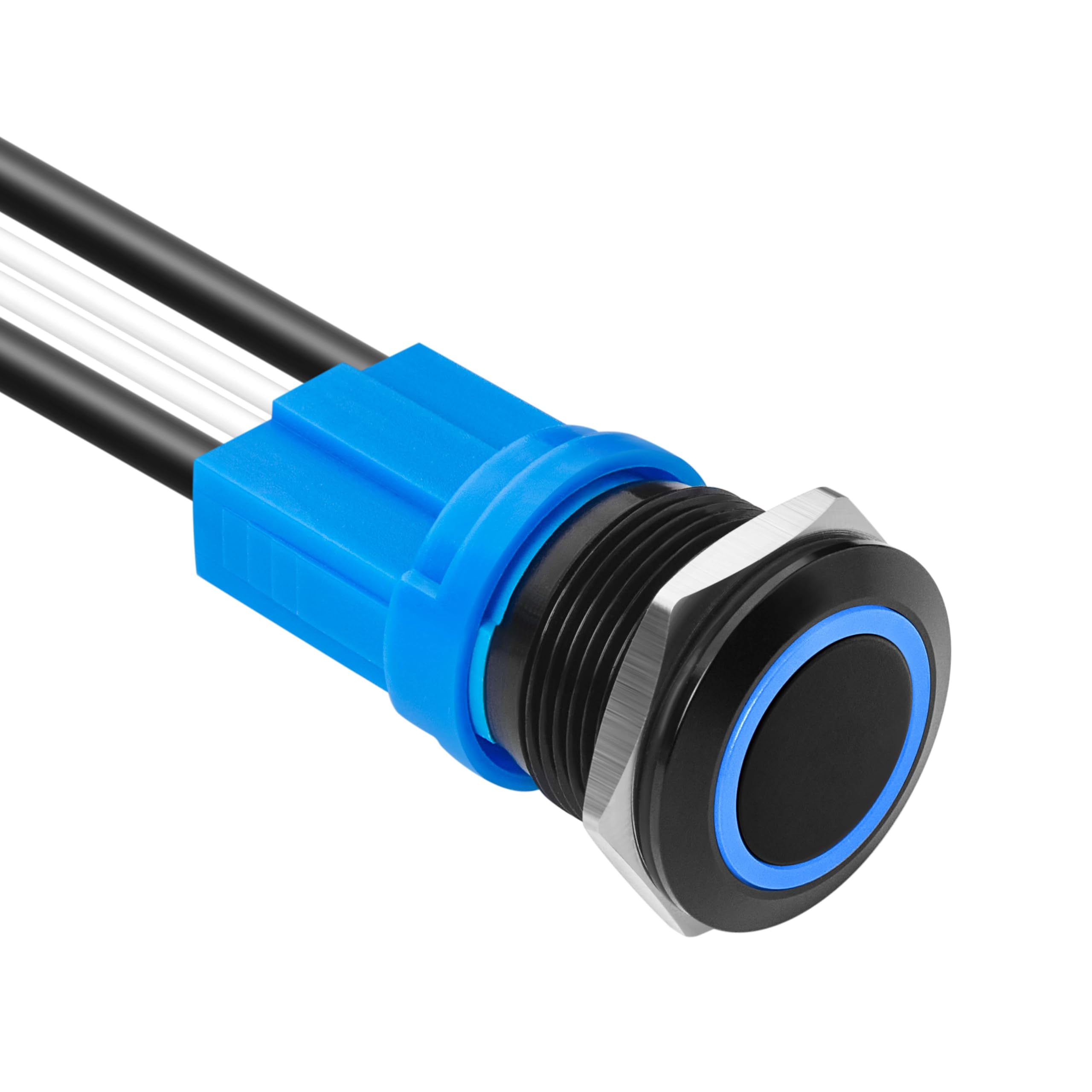 KWONONG LED Latching Push Button Switch, Aluminum Alloy, IP67 Waterproof 5-24V 20A 1NO, with Wire Socket Plug (1, Blue, 19mm)