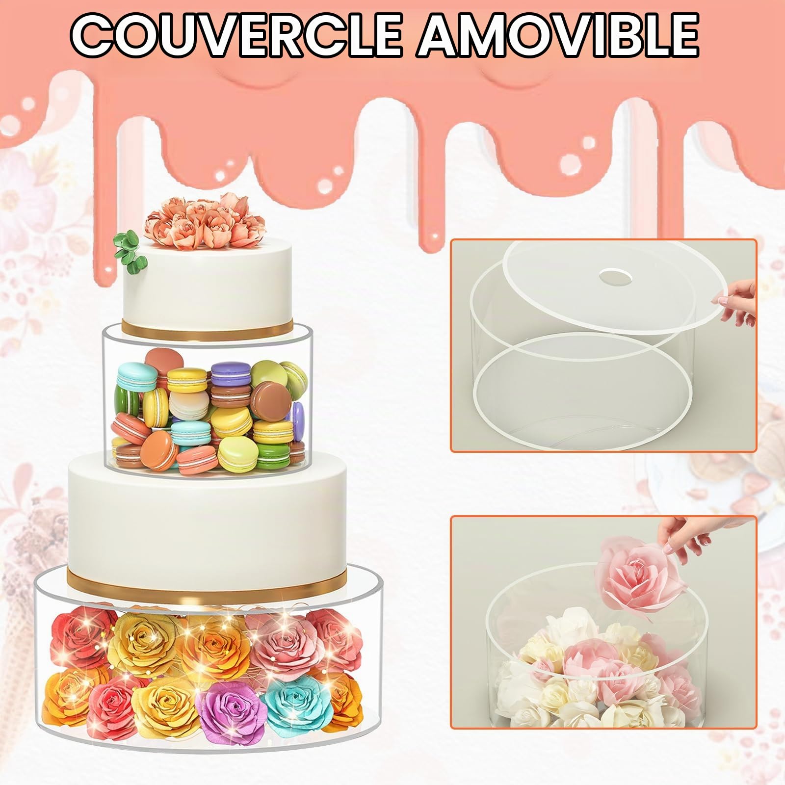 Présentoir à Gâteau, 3 Pièces Présentoirs à Gâteaux Empilables en Acrylique Transparent avec Guirlande Lumineuse Boîte de Présentation Cylindrique Ronde Décoratif pour Anniversaire Mariage