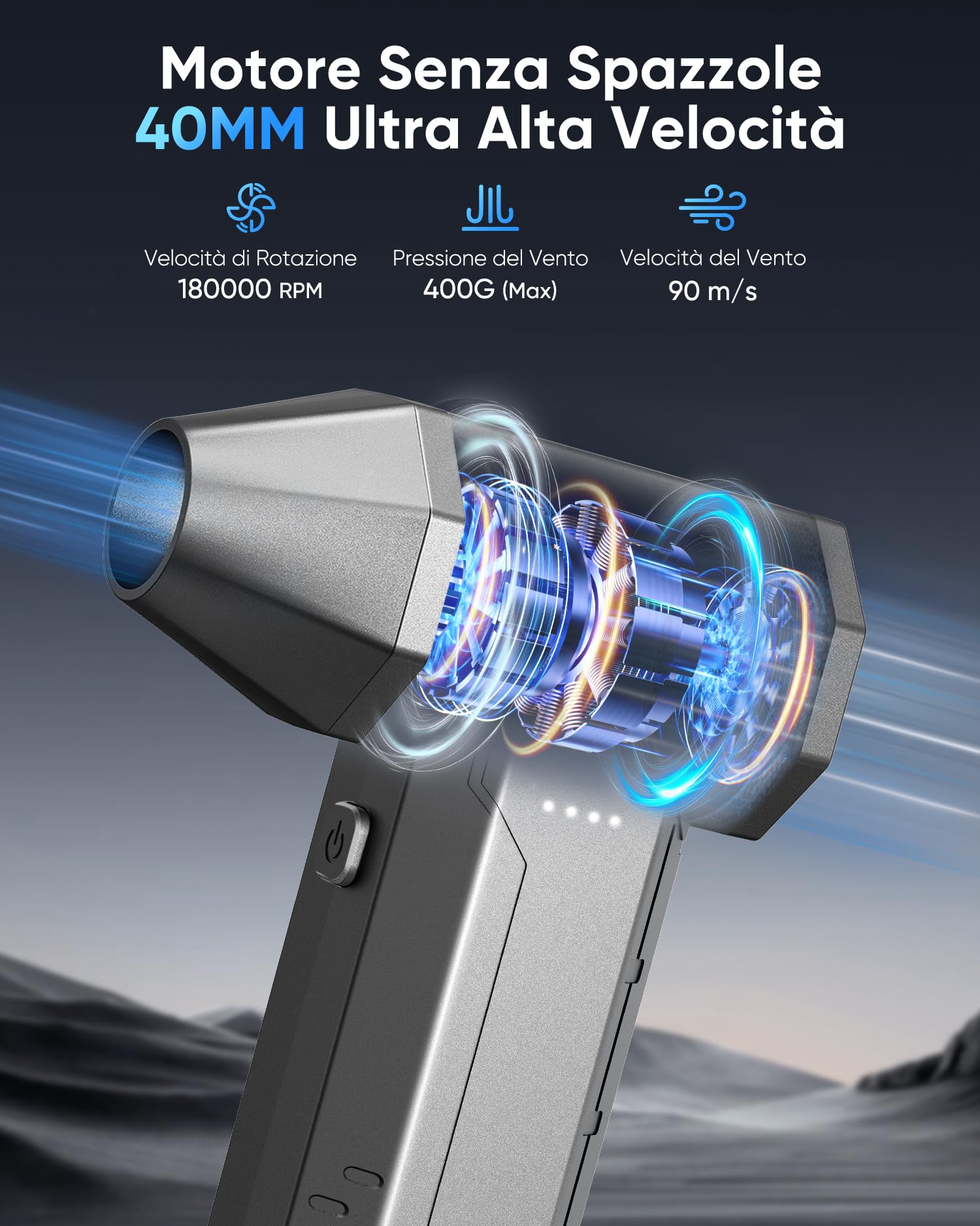 Aria Compressa Elettrico, 10000 mAh Soffiatore Aria Compressa Ricarica Rapida, 180000 giri/min & 400 G Vento con 40HP Motor,4 Velocità Soffiatore Portatile con luci a LED