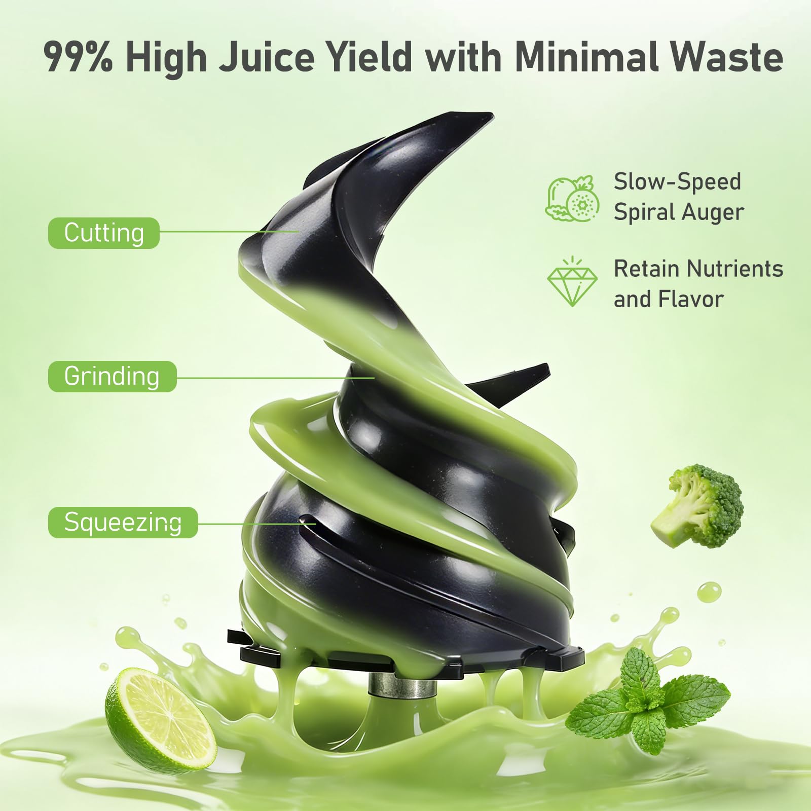 Extractor de Zumo Profesional 120mm, Exprimidor Eléctrico Lento 65RPM con Tritan(Libre de BPA), Slow Juicer 2.3L de Gran Capacidad para Frutas y Verduras - Máximo Nutriente, Incluye Cepillo