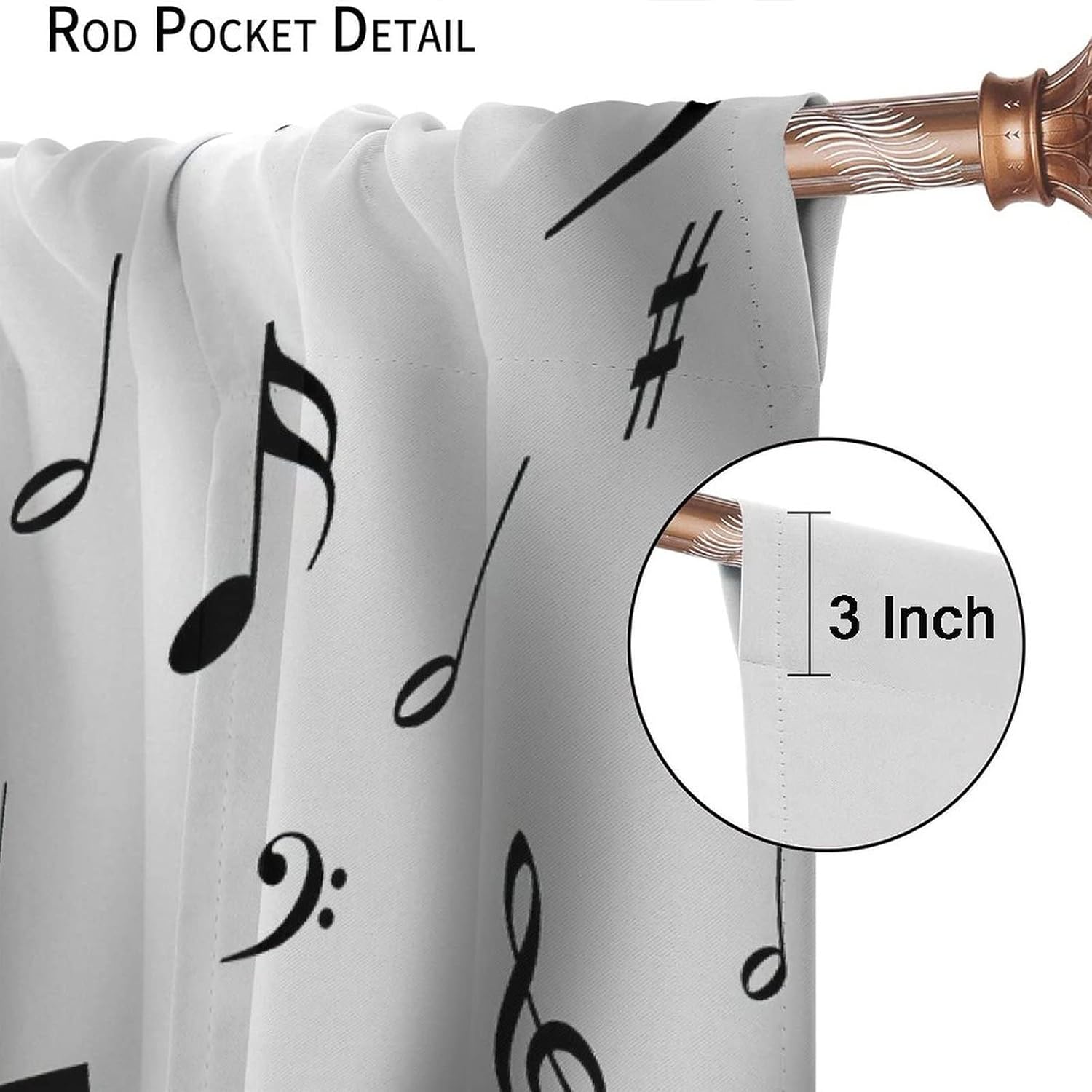 Music Note Curtains,Black and White Musical Clef Instrument Rhythm Song Art Blackout Window Door Curtains for Bedroom Living Room Home Decor W52xL84in