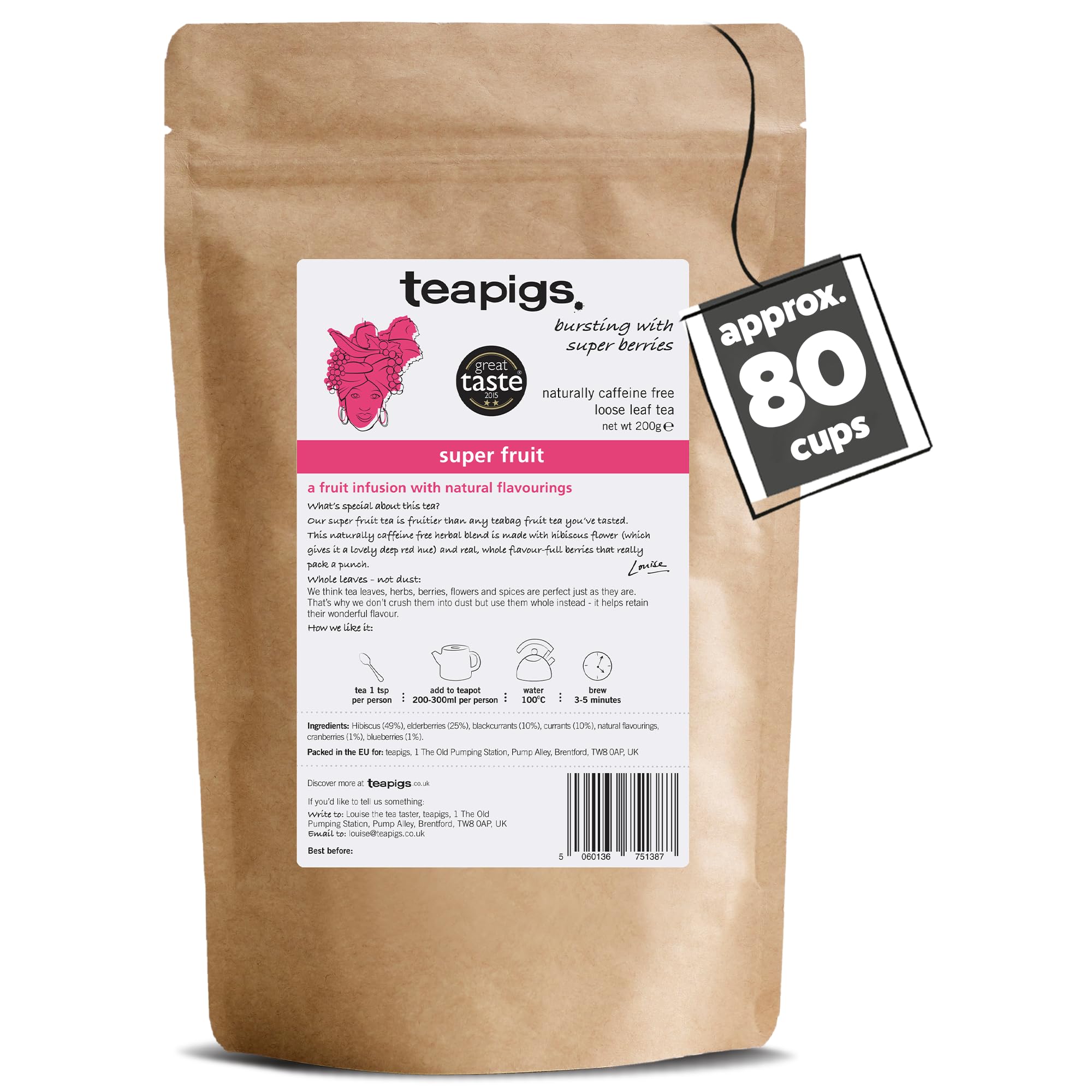 teapigs Super Fruit Loose Leaf Caffeine Free Fruit Tea with Hibiscus, 200g | All Natural, No Nasties, Big Leaves, Big Flavour, Plant-Based Tea Temples, Recyclable Paperboard Pack, 200g Resealable Pouch
