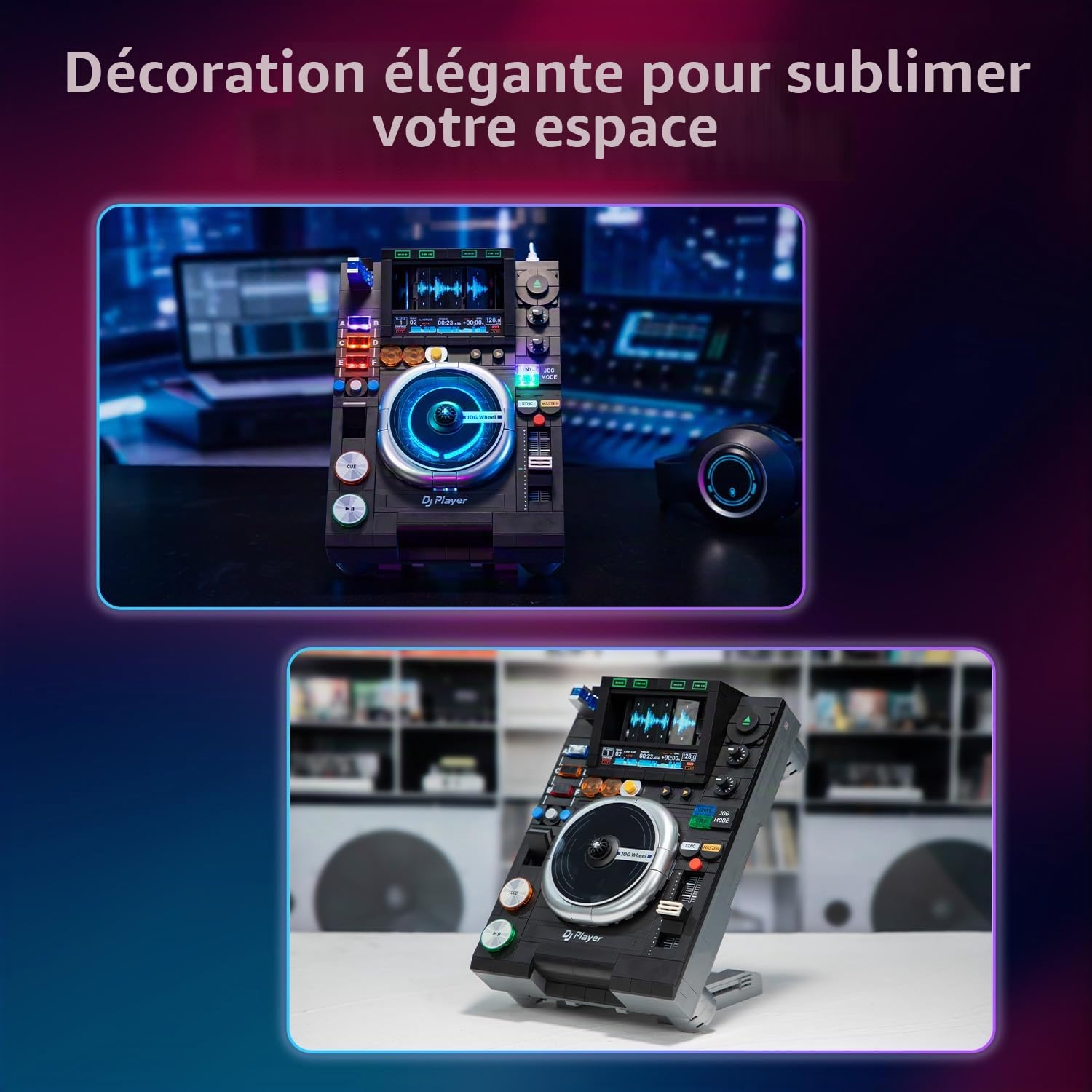 PANTASY Contrôleur DJ - Platine disque DJ - Kit de construction avec lecture de musique Bluetooth - Double modes d'éclairage - Support réglable - Modèle de décoration de bureau interactif pour enfants