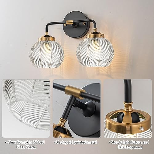 Miniatura 4 de Lámpara de tocador de baño de 2 luces, luces de globo de vidrio transparente, lámpara de montaje en pared negra con pantalla de vidrio acanalado,