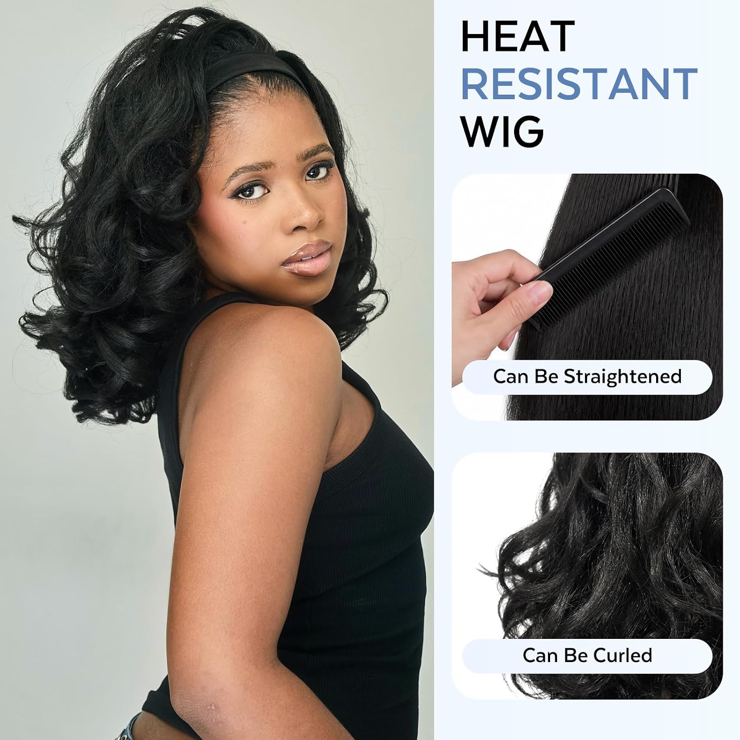 Yaki Curly Headband Wig Kinky Curly Half Wig Synthetic Wigs for Black Women 180% Density Wear and Go Glueless Wig with Curly Ends, Headbands Attached, #1B Black, 16 Inch
