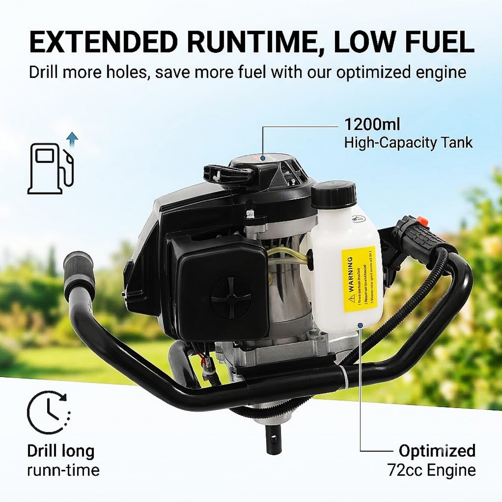 Ahoyadora Gasolina | 72CC 3000W | 4CV | 2 Tiempos Motor | 150/250/300mm Broca | 30/50/60cm Prolongador | Barrena para Tierra Compactadora De Tierra Ahoyadora Manual Ahoyador para Granja