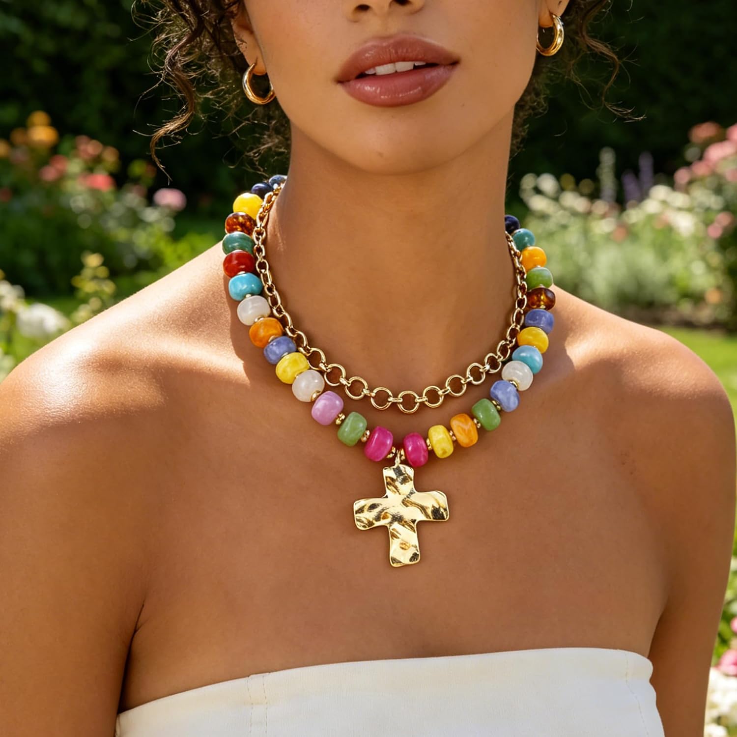 COLOYAN Colorful Chunky Beaded Cross Pendant Layered Necklace for Women | Gold Plated Chain, Acrylic Beads, 5 Styles Available, Adjustable Choker Necklace Jewelry Gift, for Party Beach Daily Wear