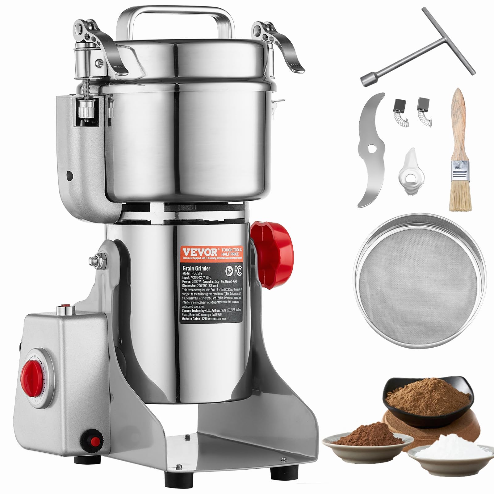 VEVOR 750g Mulino Elettrico per Cereali, Macina Spezie Commerciale Alta Velocità 2000 W, Macchina Polverizzazione in Acciaio Inox, per Cereali Secchi, Spezie, Caffè, Mais, Pepe, Tipo Oscillante