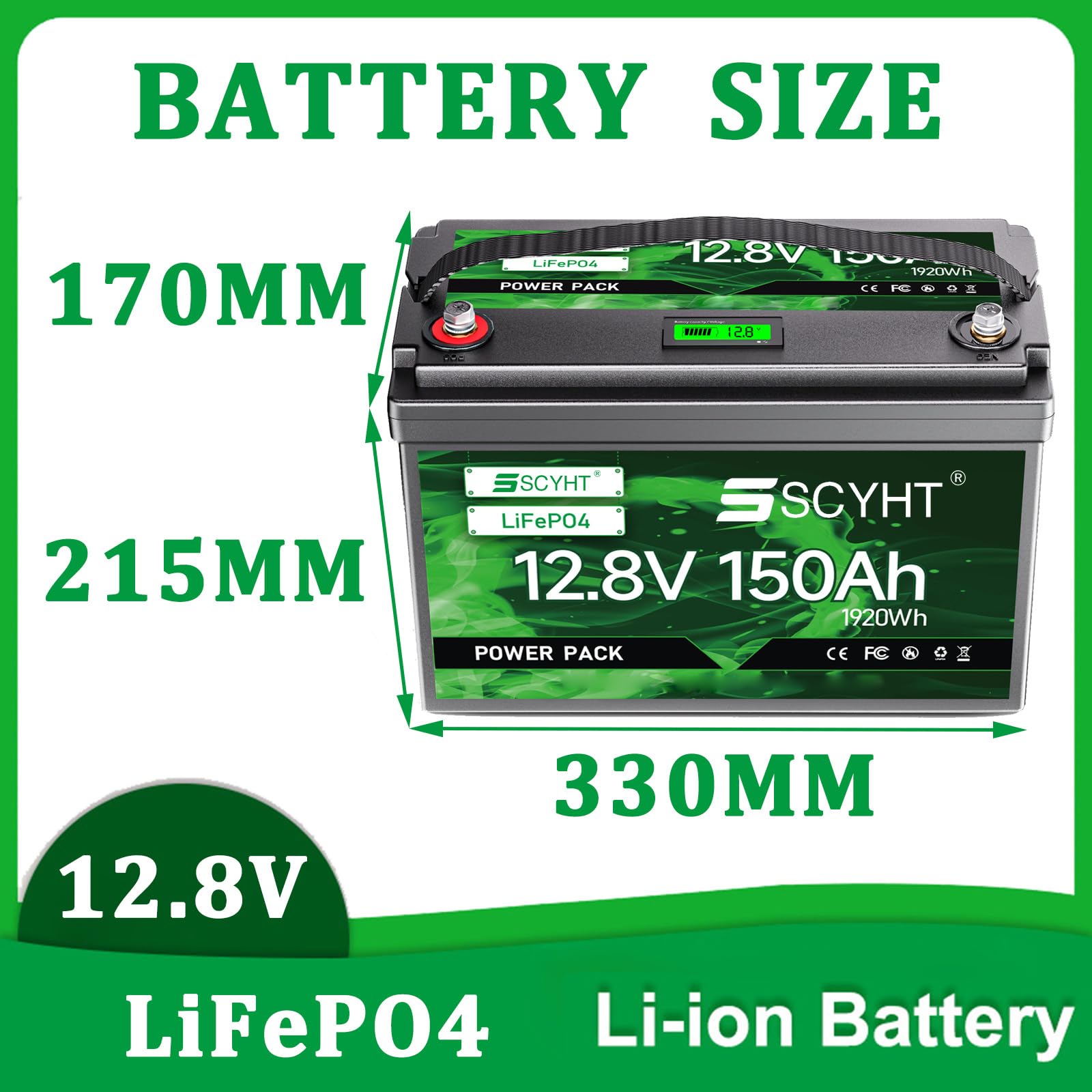 Batería repuesto 12,8 V Batería litio 150 Ah Baterías de iones de litio 12,8 V y 150 Ah Baterías LiFePO4 para energía solar para motores 250 W a 2000 W con BMS y pantalla