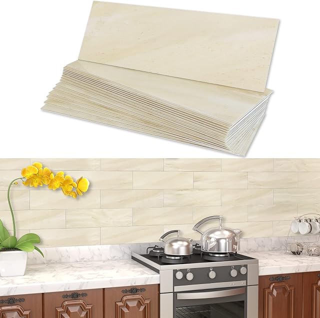 BeNice Marble Self Adhesive Wall Tiles Subway Tiles,Sticky Wall Tiles Stickers Splashback Tiles for Kitchen Bathroom Individual Tiles Large(16tiles,Beige)