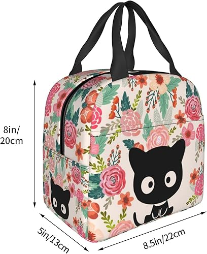 Miniatura 4 de Bolsa de almuerzo con diseño de flores de gato negro para hombres y mujeres, pequeña lonchera aislada, reutilizable, portátil, bolsas de mano para