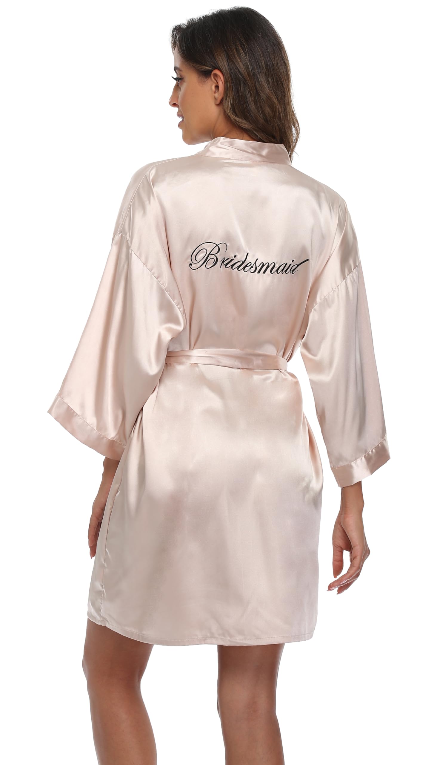 Womens Satin Robes for Bride Bridesmaid with Embroidered Short Kimono Bathrobe Wedding Party Dressing Gown