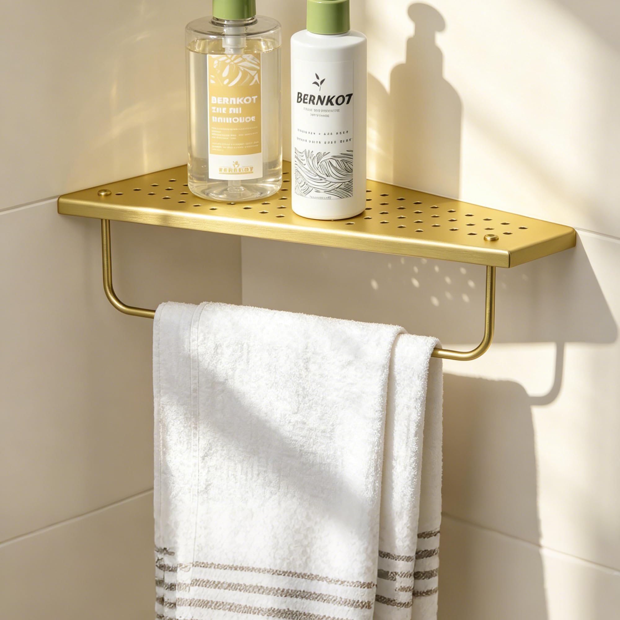 Estante de pared de acero inoxidable 304, estante de ducha sin taladrar con barra de toalla, moderno diseño flotante para baño, ducha y cocina, organizador de champú antióxido, 305 x 155 mm