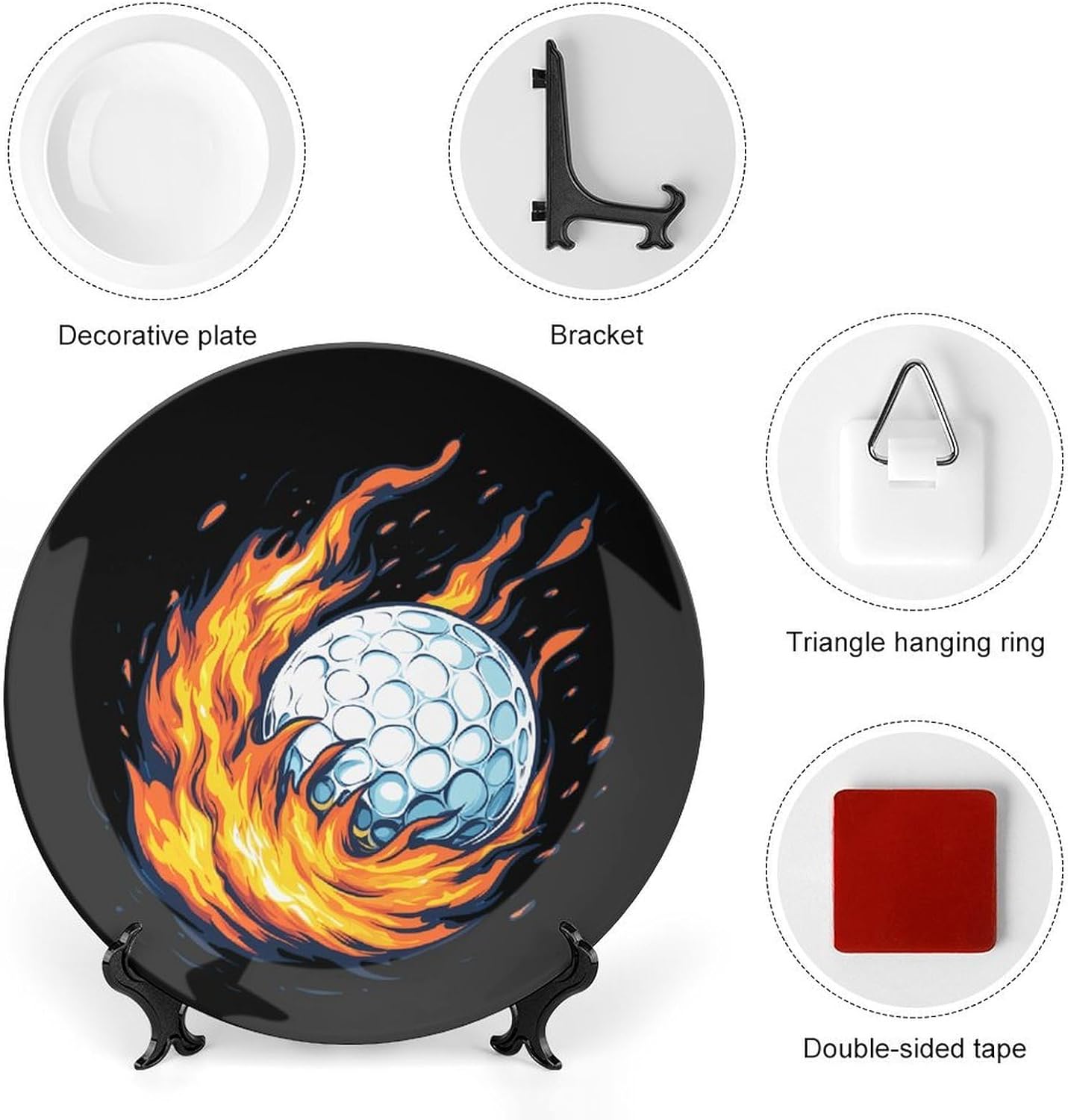 Golf Ball with Flames Decorative Plates for Display Ceramic Plate Tray with Stand Hanger Home Decor