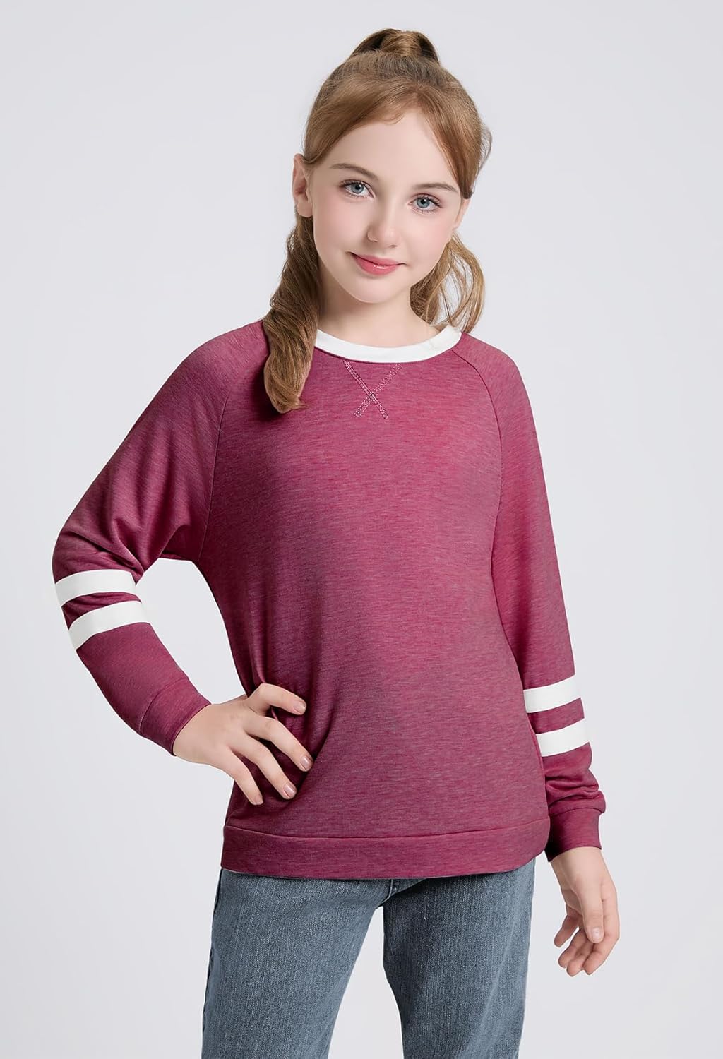 Girls Crewneck Sweatshirt Casual Loose Fitting Tops Long Sleeve Raglan T Shirt Wine Red 13-14 Years - Image 5