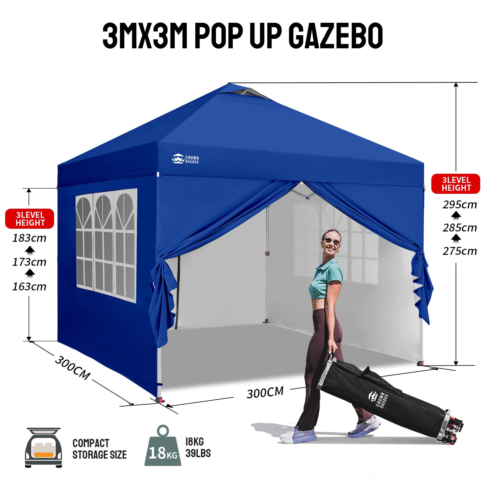 CROWN SHADES Pavillon 3x3 Wasserdicht Stabil Winterfest, Pop up Faltpavillonc mit 4 Seitenteilen, UV-Schutz 50+, 3-Fach Höhenverstellbar, Partyzelt für Garten (Blau, 3x3m mit 4 Seitenwänden)