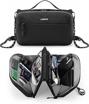 LUGGEX Large Tech Pouch, Cable Organizer Bag with Removable Crossbody Strap, Dual Accessories Bag & Water Resistant for Kindle, Chargers, Cord, Earphone for Travel Office All-in-One, Black