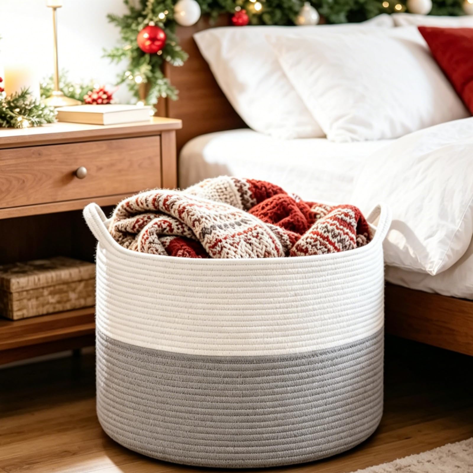 Maliton Cesto Portabiancheria Extra Grande, 50 x 30 cm Cesto Biancheria Sporca con Manici, Cesta Giochi Bambini per Salotto, Bagno, Coperte(Bianco Grigio)