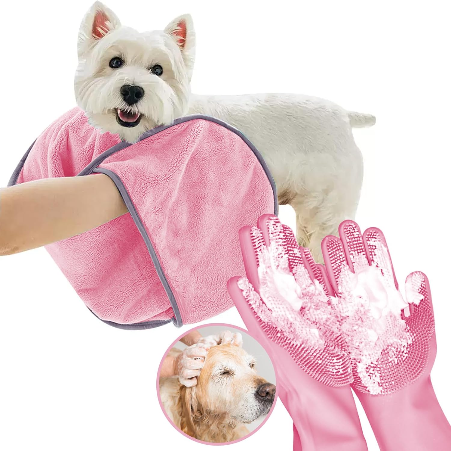 Dog Washing Gloves – Quick Drying Dog Towel,Cat Bath Grooming Gloves Brush with High-Density Teeth for Bathing Massaging，Absorbent Pet Bath Towel 30.3″x13.8″ with Hand Pocket for Dog Cat Pink
