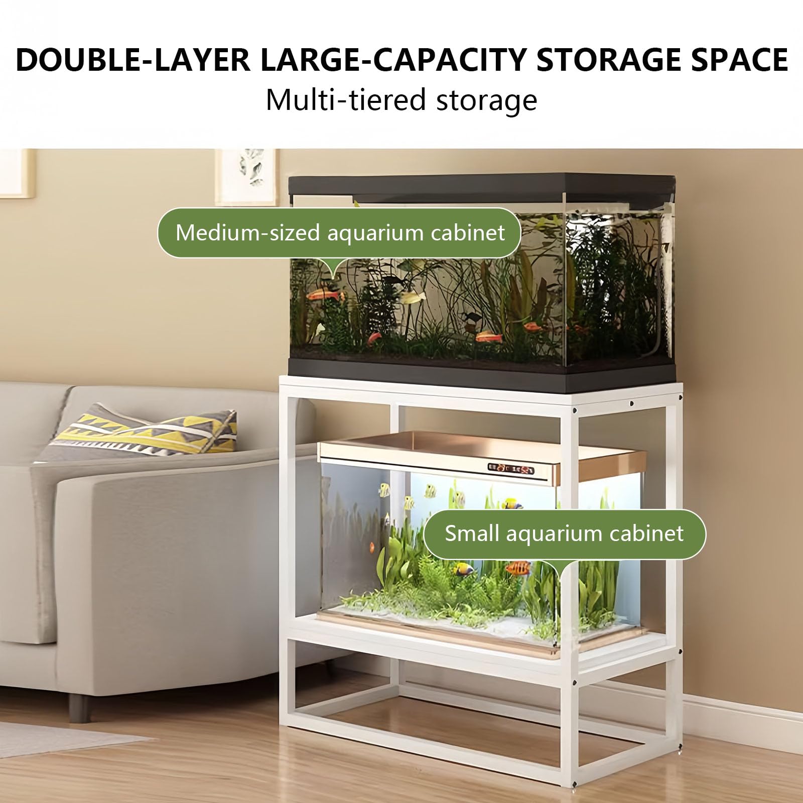 Support d'aquarium en métal pour aquarium, rangement double couche avec cadre en acier épais, design multicouche, idéal pour les salons et les bureaux, 80 cm de haut