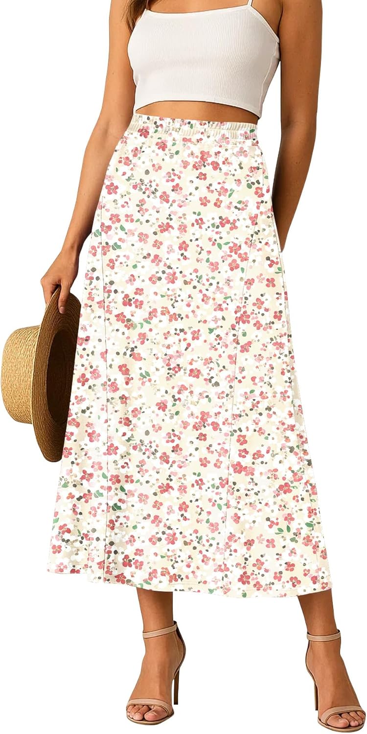 Long Skirts for Women Flowy Elastic High Waist Midi A-line Skirt for 2026 Casual Boho Trendy(Pink White Flo, Medium)
