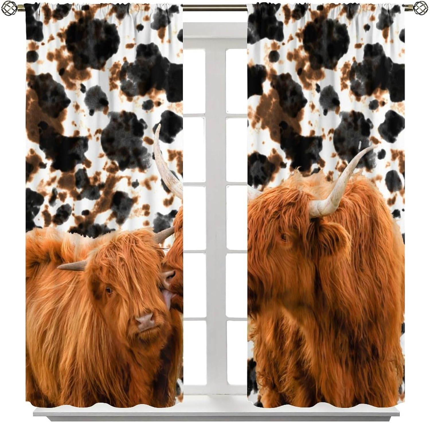Highland Cattle Curtains, Farmhouse Western Wild Animal Milk Cow Fur Print Blackout Window Drapes Rustic Country Style Rod Pocket Window Treatments for Bedroom Living Room 42x45 Inch